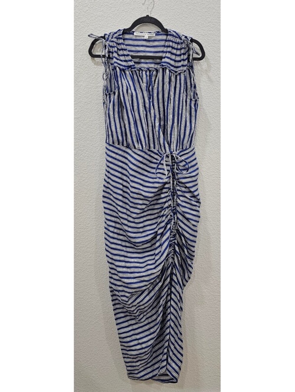Veronica Beard Women’s Size M Blue White Striped Ruched Linen Blend Maxi Dress